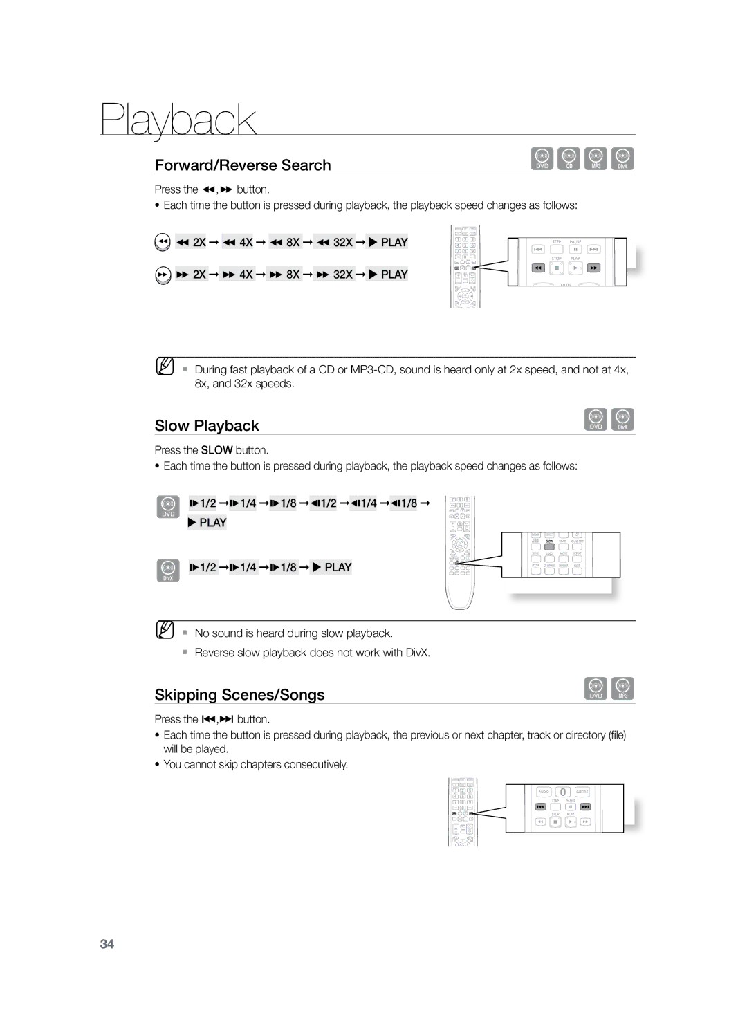 Samsung HT-TZ225R/XEF, HT-TZ222R/EDC, HT-Z220R/EDC, HT-TZ225R/EDC, HT-Z220R/XEF manual Slow Playback, Skipping Scenes/Songs 