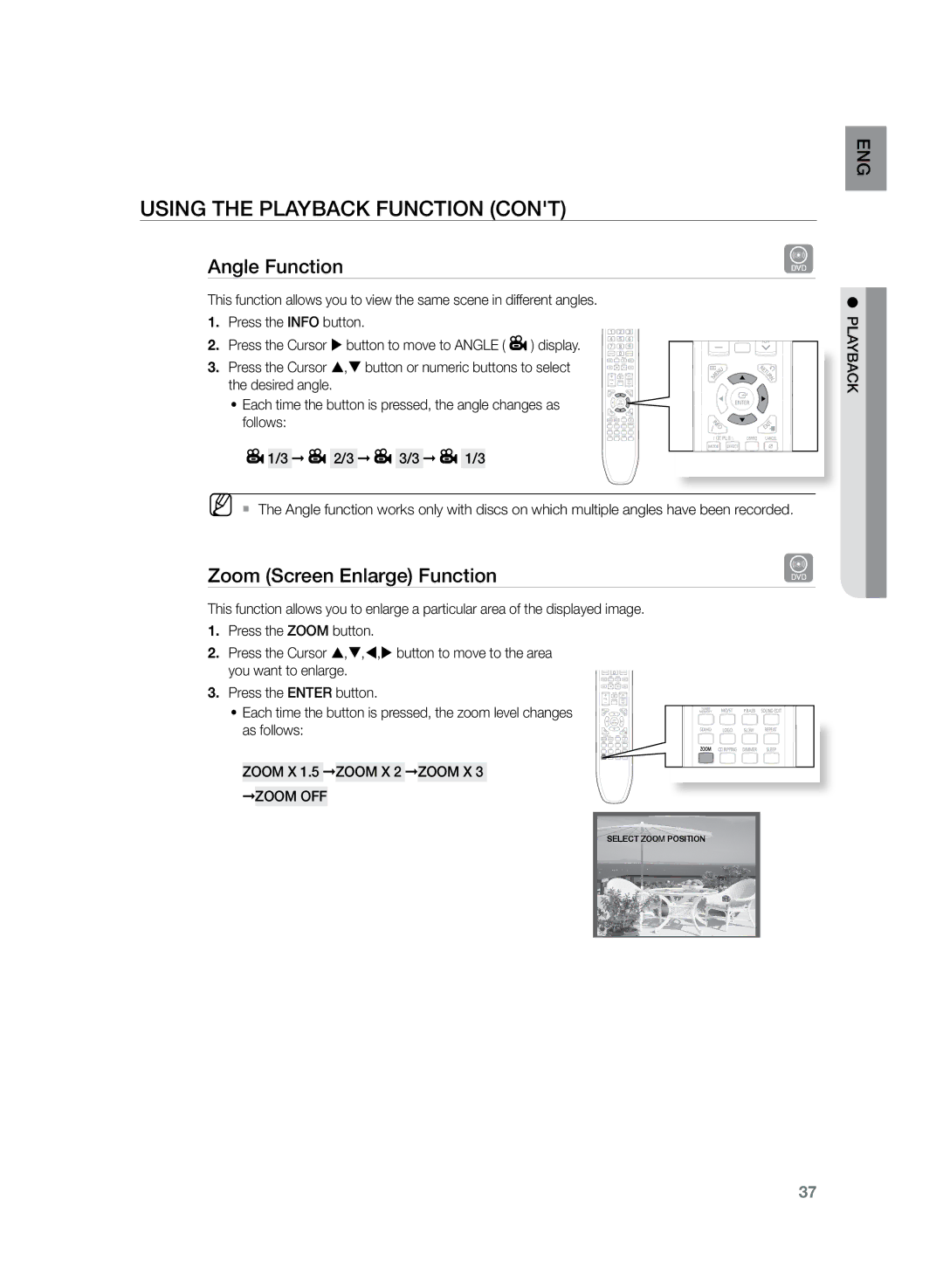 Samsung HT-TZ222R/XEE, HT-TZ222R/EDC Angle Function, Zoom Screen Enlarge Function, Zoom X 1.5 Zoom X 2 Zoom X 3 Zoom OFF 