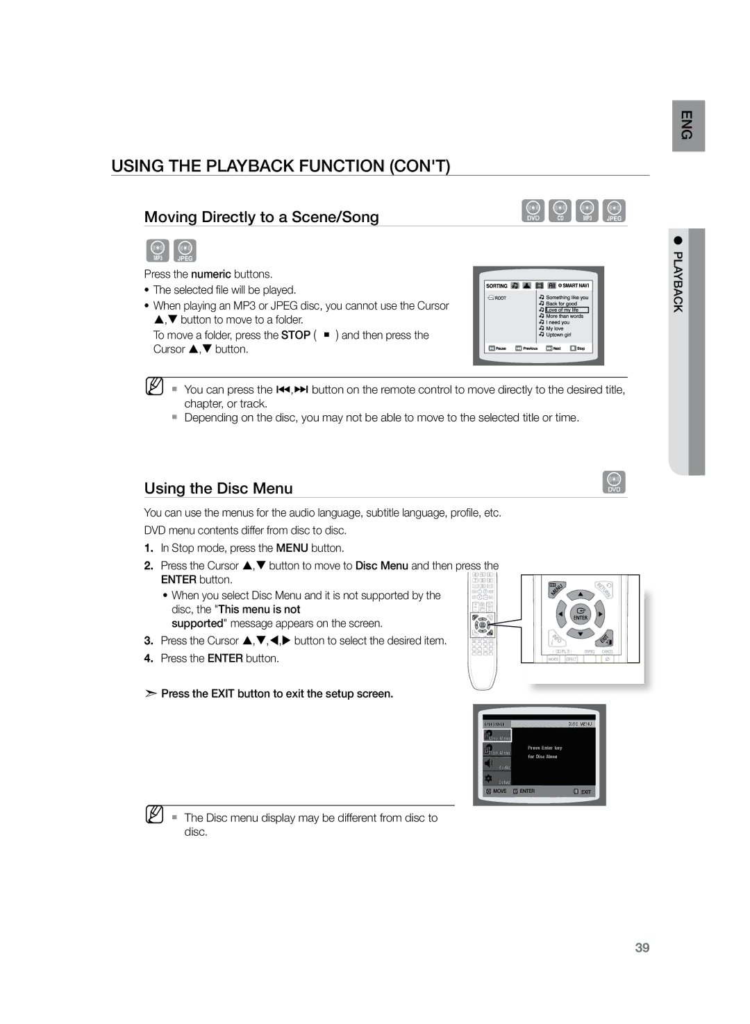 Samsung HT-TZ222R/XET, HT-TZ222R/EDC manual Using the Disc Menu, Press the numeric buttons Selected file will be played 