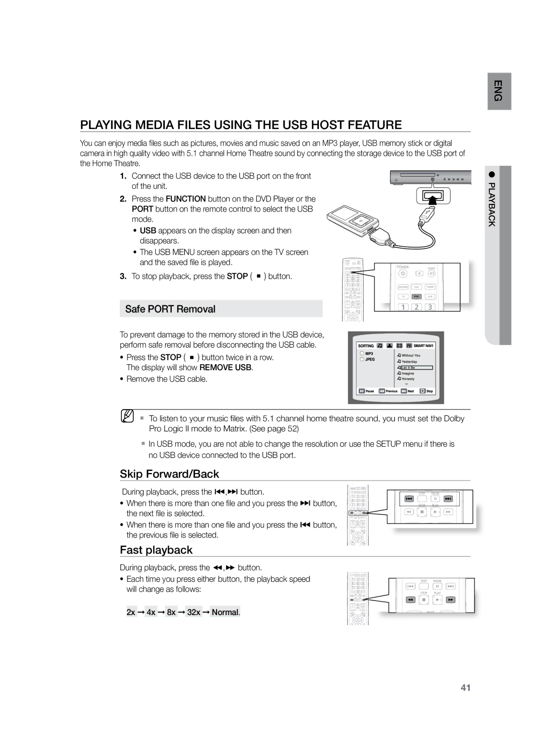 Samsung HT-Z220R/EDC, HT-TZ222R/EDC manual Playing Media Files using the USB Host Feature, Fast playback, Safe Port Removal 