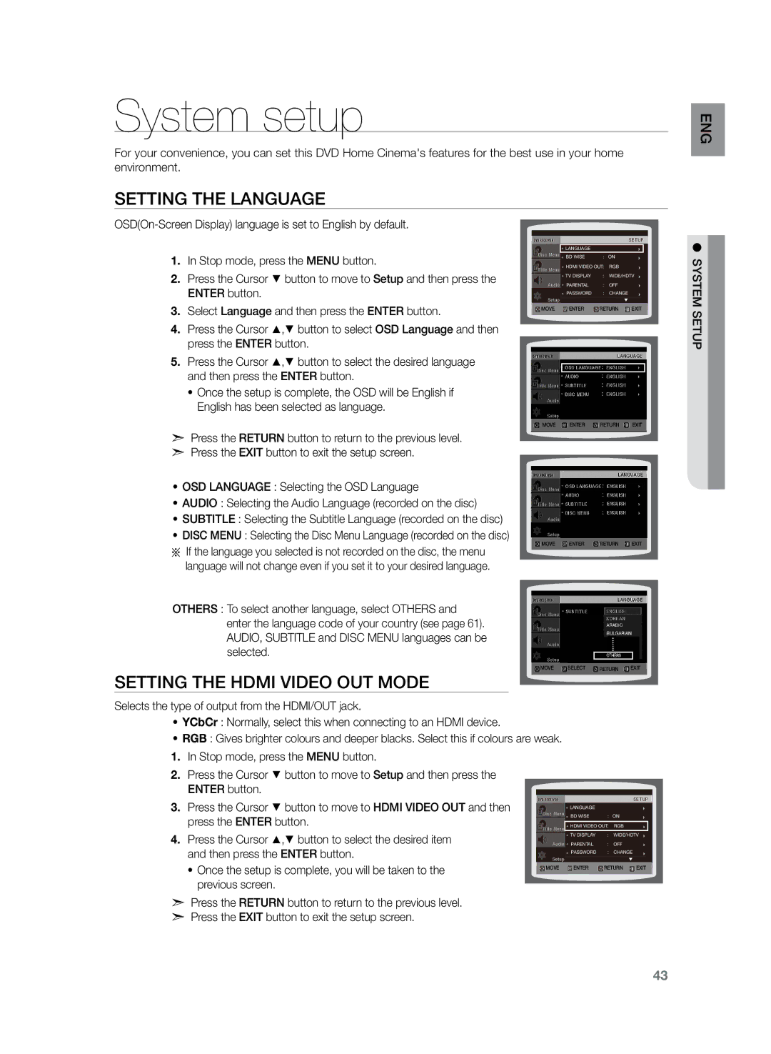 Samsung HT-Z220R/XEF, HT-TZ222R/EDC, HT-Z220R/EDC manual System setup, Setting the Language, Setting the Hdmi Video OUT Mode 