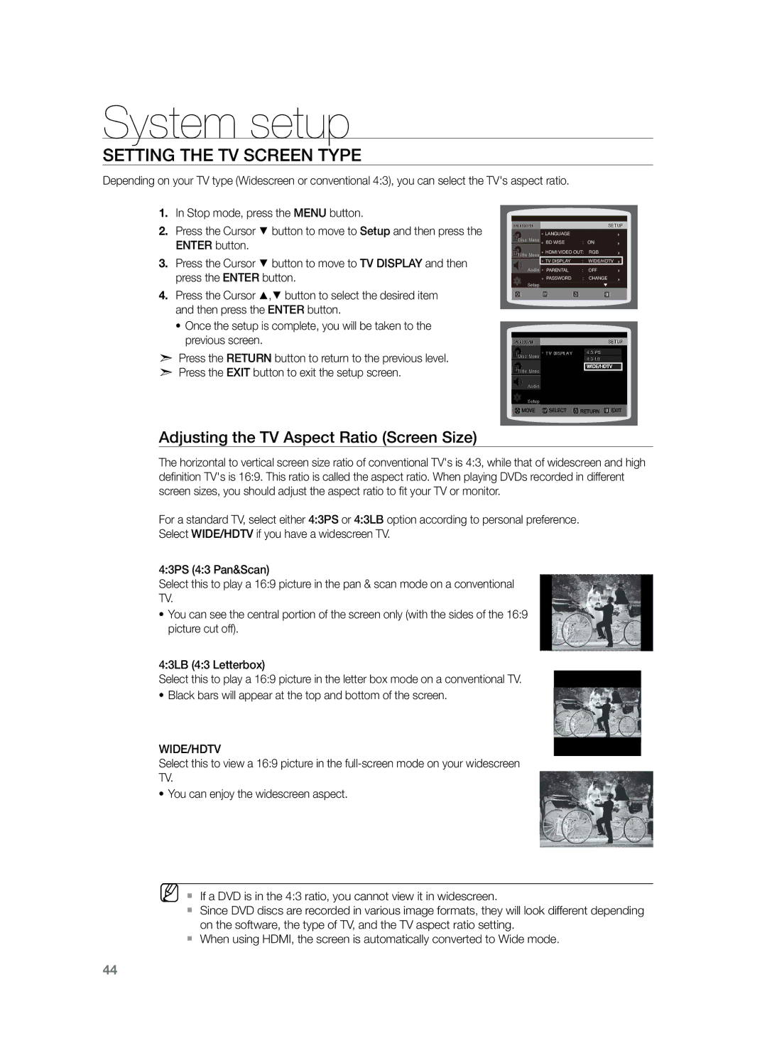 Samsung HT-TZ225R/XEF, HT-TZ222R/EDC manual Setting the TV Screen Type, Adjusting the TV Aspect Ratio Screen Size, Wide/Hdtv 