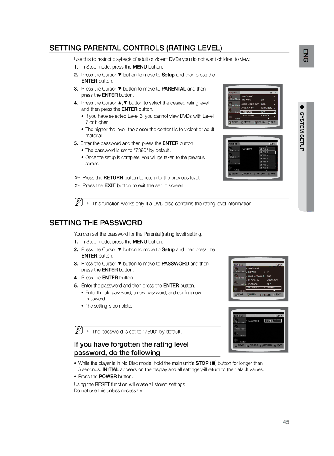 Samsung HT-TZ222R/XEF, HT-TZ222R/EDC, HT-Z220R/EDC manual Setting Parental Controls Rating Level, Setting the Password 