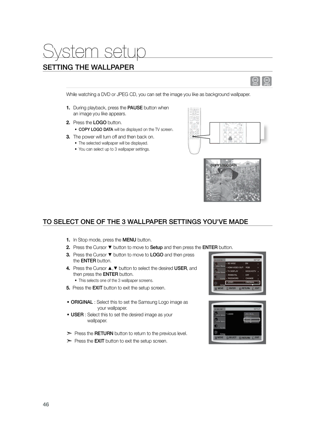 Samsung HT-Z220R/XET, HT-TZ222R/EDC manual Setting the Wallpaper, To Select One of the 3 Wallpaper Settings youve made 