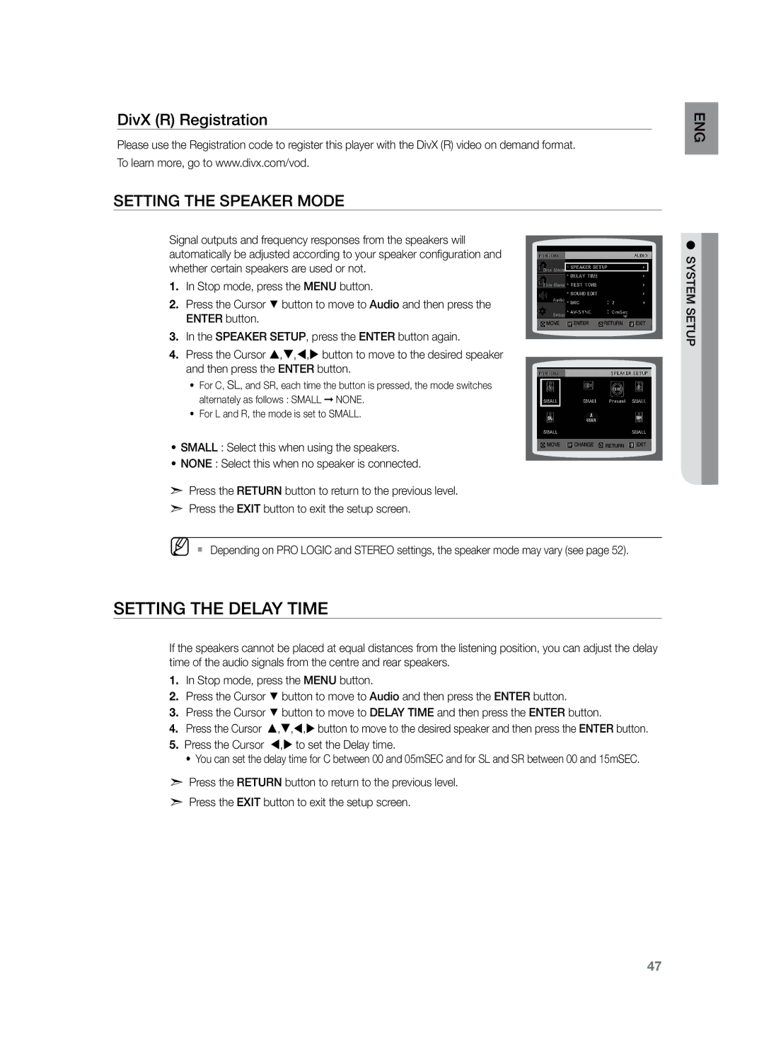 Samsung HT-TZ222R/XEE, HT-TZ222R/EDC Setting the Delay Time, DivX R Registration Setting the Speaker Mode, Setup system 