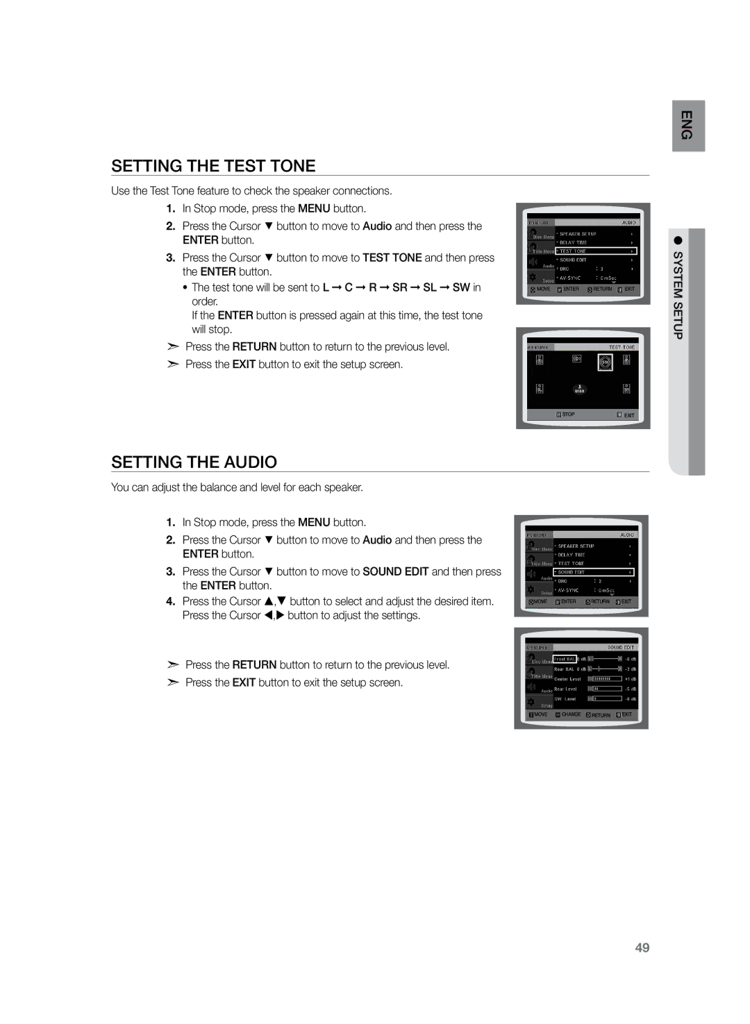 Samsung HT-TZ222R/XET, HT-TZ222R/EDC, HT-Z220R/EDC, HT-TZ225R/EDC, HT-Z220R/XEF manual Setting the Test Tone, Setting the Audio 