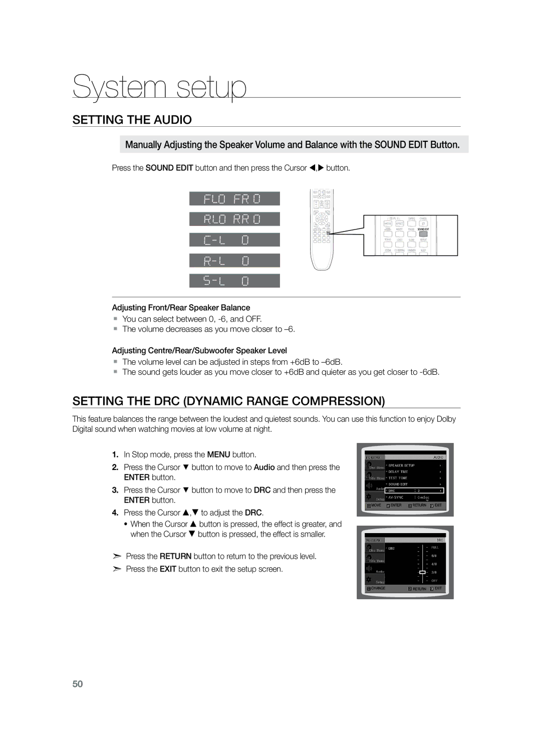 Samsung HT-TZ222R/EDC, HT-Z220R/EDC manual Setting the DRC Dynamic Range Compression, Press the Cursor , to adjust the DRC 