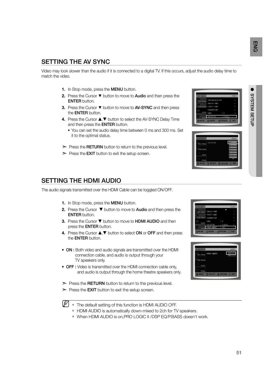 Samsung HT-Z220R/EDC, HT-TZ222R/EDC, HT-TZ225R/EDC, HT-Z220R/XEF, HT-TZ225R/XEF Setting the AV Sync, Setting the Hdmi Audio 