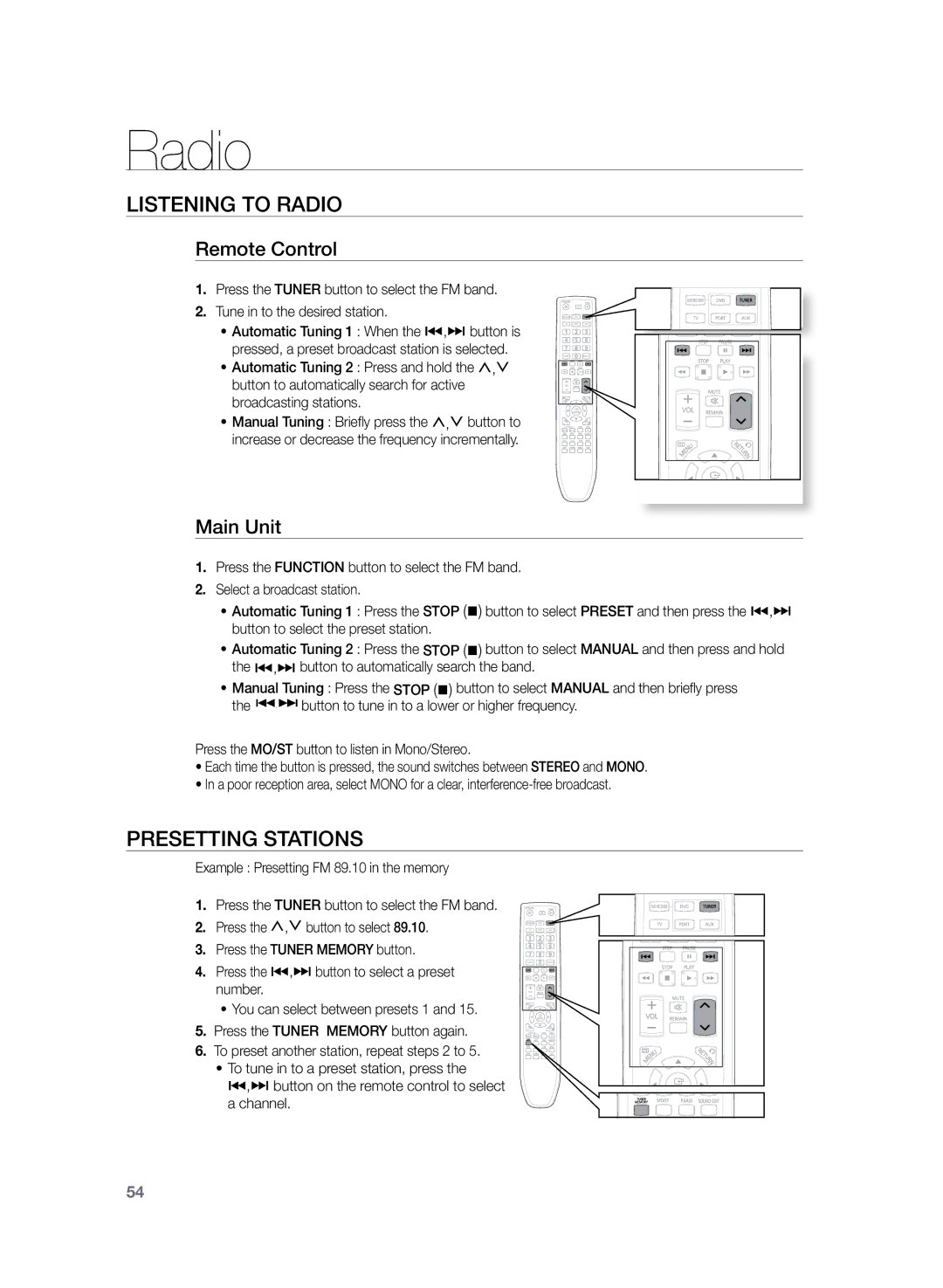 Samsung HT-TZ225R/XEF, HT-TZ222R/EDC, HT-Z220R/EDC Listening to Radio, Presetting Stations, Remote Control, Main Unit 