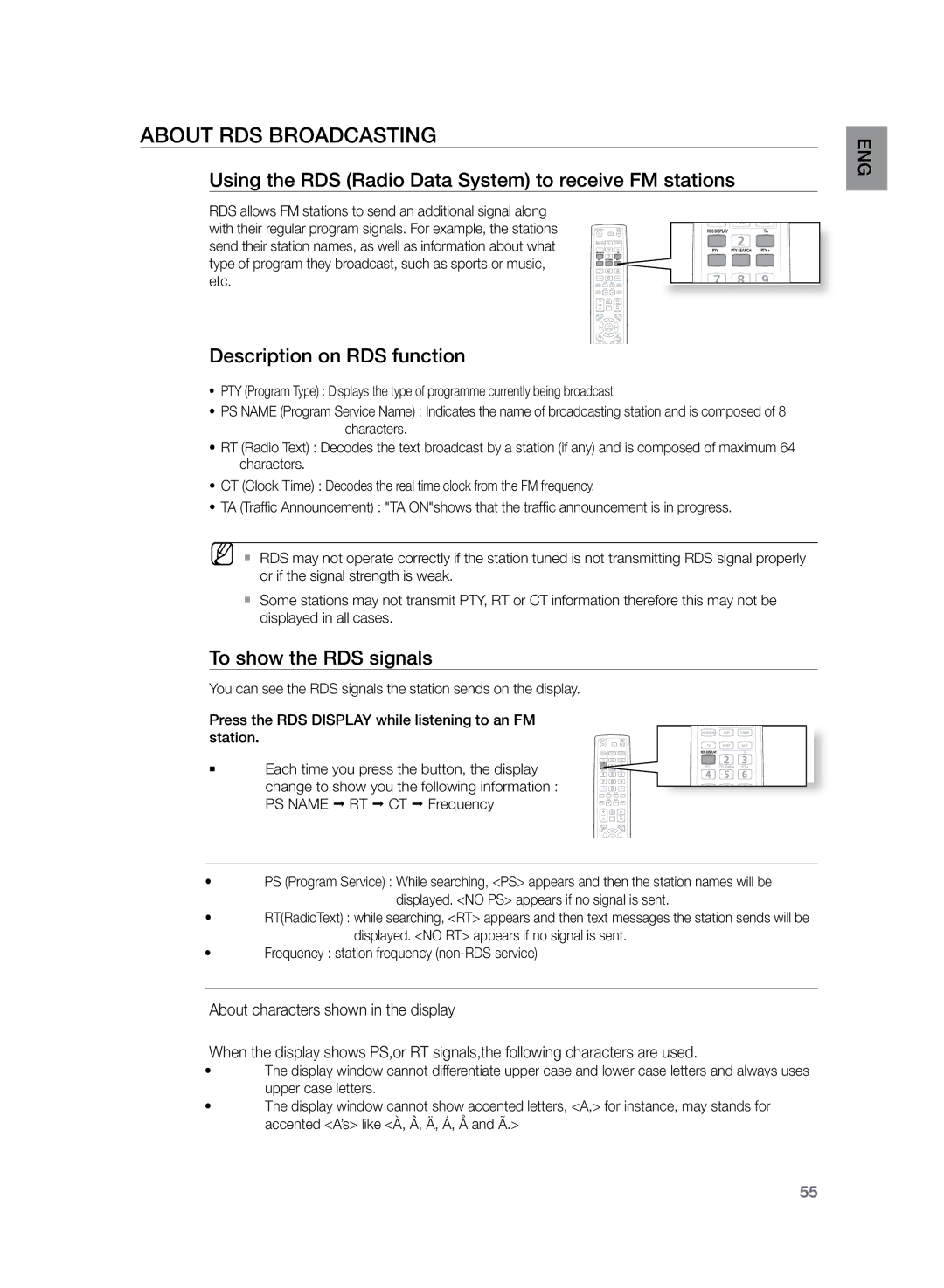 Samsung HT-TZ222R/XEF, HT-TZ222R/EDC manual About RDS broadcasting, Using the RDS Radio Data System to receive FM stations 