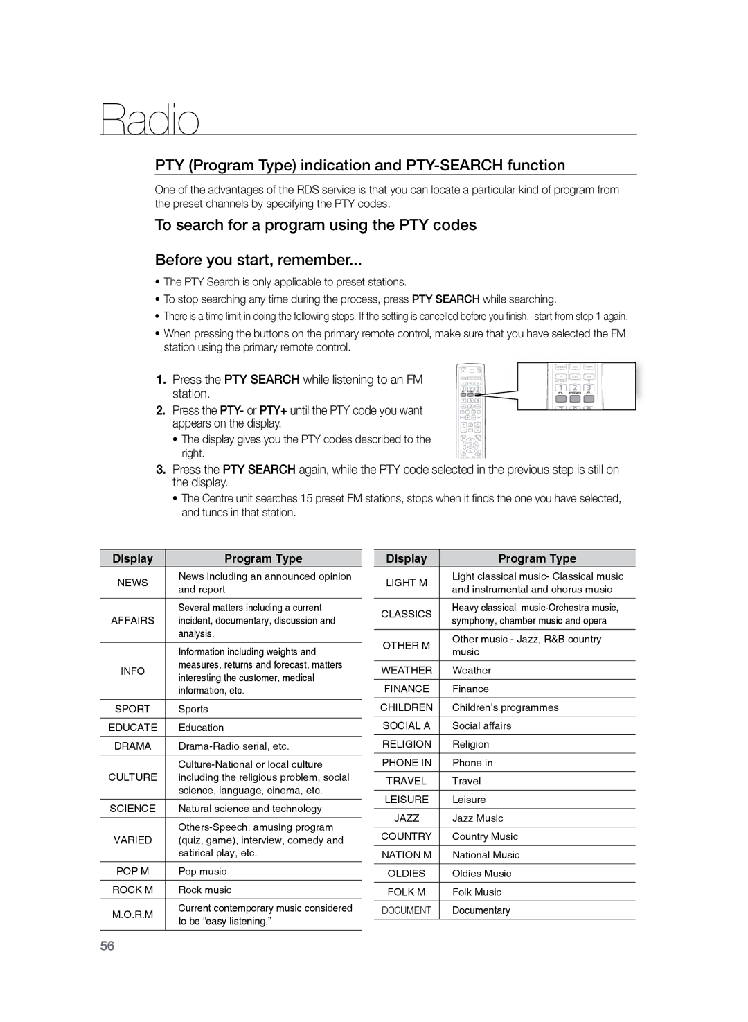 Samsung HT-Z220R/XET, HT-TZ222R/EDC, HT-Z220R/EDC, HT-TZ225R/EDC manual PTY Program Type indication and PTY-SEARCH function 