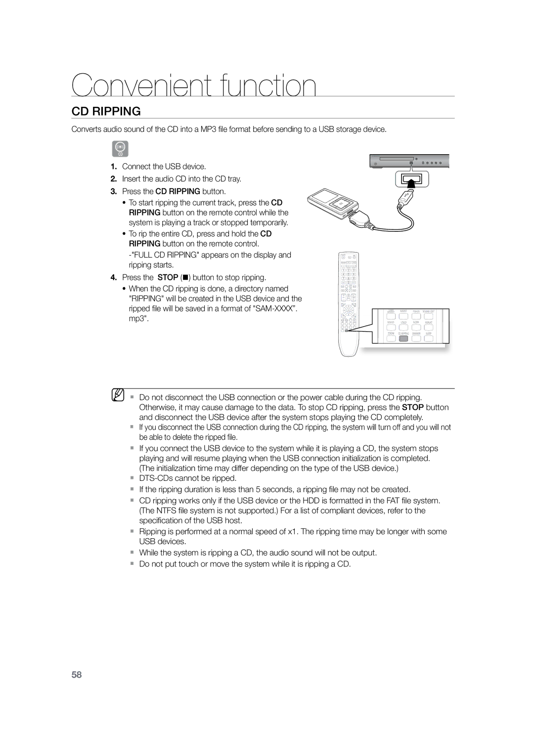 Samsung HT-Z220R/XEE, HT-TZ222R/EDC, HT-Z220R/EDC, HT-TZ225R/EDC, HT-Z220R/XEF, HT-TZ225R/XEF, HT-TZ222R/XEF manual CD rIPPING 