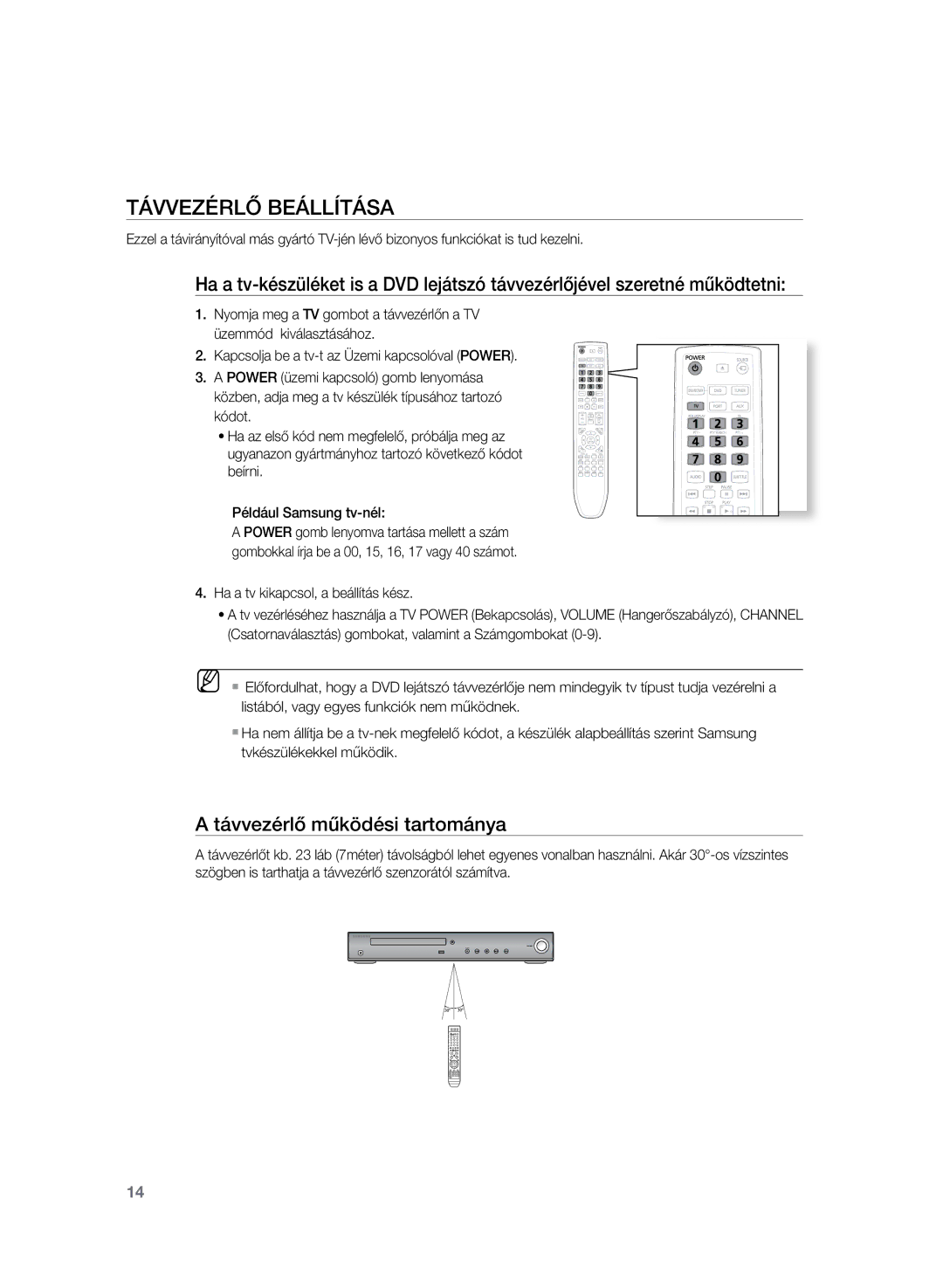 Samsung HT-TZ225R/EDC, HT-TZ222R/EDC, HT-Z220R/EDC, HT-Z220R/XET manual Távvezérlő beállítása, Távvezérlő működési tartománya 