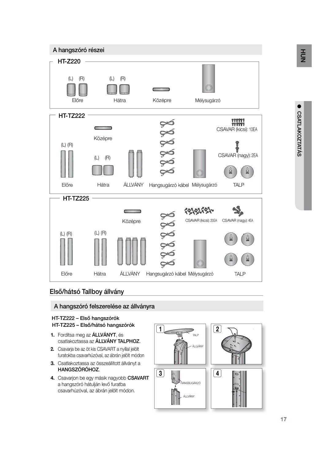 Samsung HT-TZ222R/XET, HT-TZ222R/EDC, HT-Z220R/EDC manual Első/hátsó Tallboy állvány, Hangszóró részei HT-Z220, HT-TZ225 