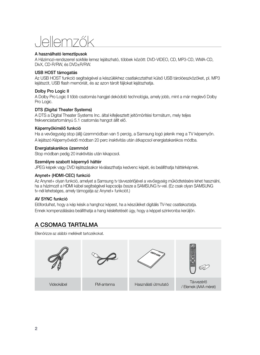 Samsung HT-TZ225R/EDC, HT-TZ222R/EDC, HT-Z220R/EDC, HT-Z220R/XET, HT-Z220R/XEE, HT-TZ222R/XET manual Jellemzők, Csomag Tartalma 