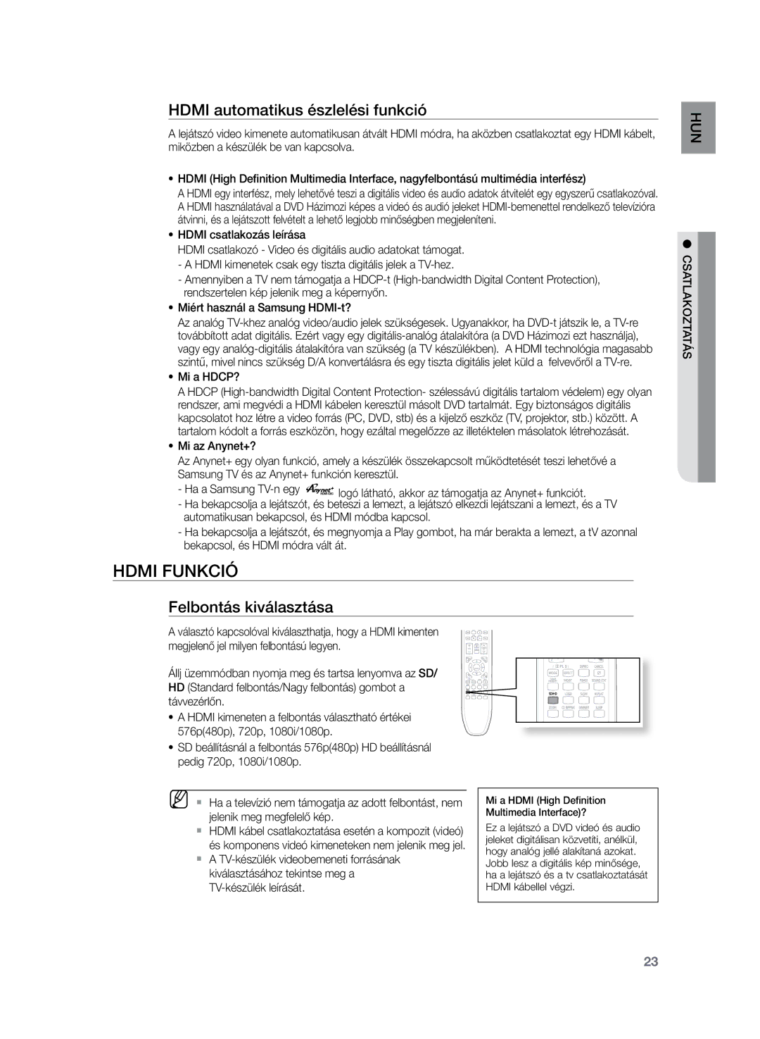 Samsung HT-TZ222R/XET, HT-TZ222R/EDC Hdmi funkció, Hdmi automatikus észlelési funkció, Felbontás kiválasztása, Mi a HDCP? 