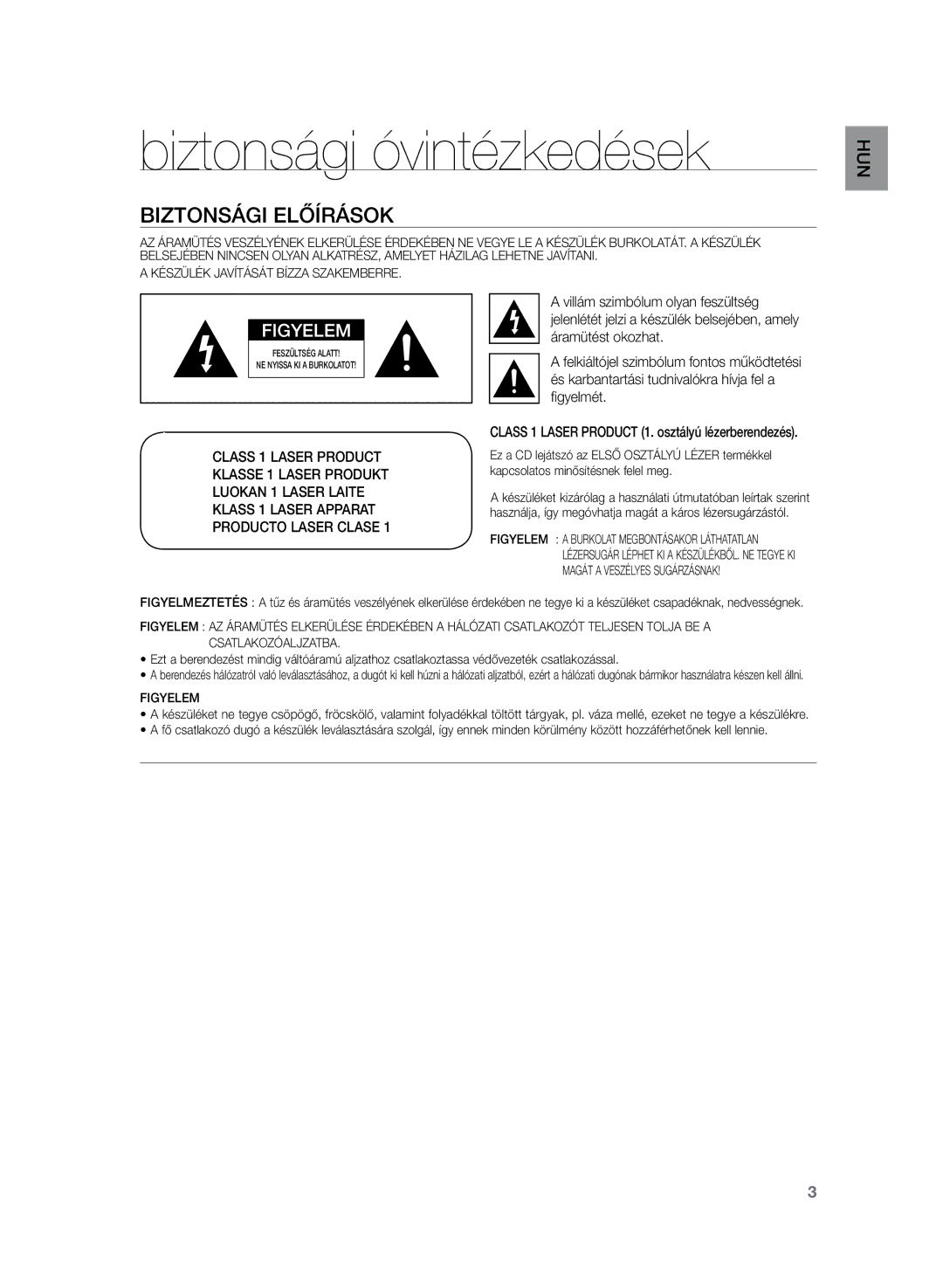 Samsung HT-Z220R/XET, HT-TZ222R/EDC, HT-Z220R/EDC, HT-TZ225R/EDC manual Biztonsági óvintézkedések, Biztonsági előírások 