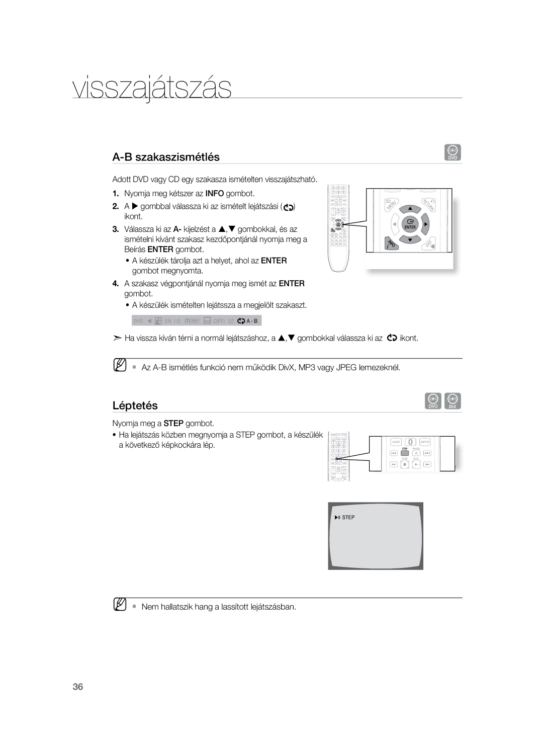 Samsung HT-TZ222R/EDC, HT-Z220R/EDC, HT-TZ225R/EDC, HT-Z220R/XET, HT-Z220R/XEE, HT-TZ222R/XET manual Szakaszismétlés, Léptetés 