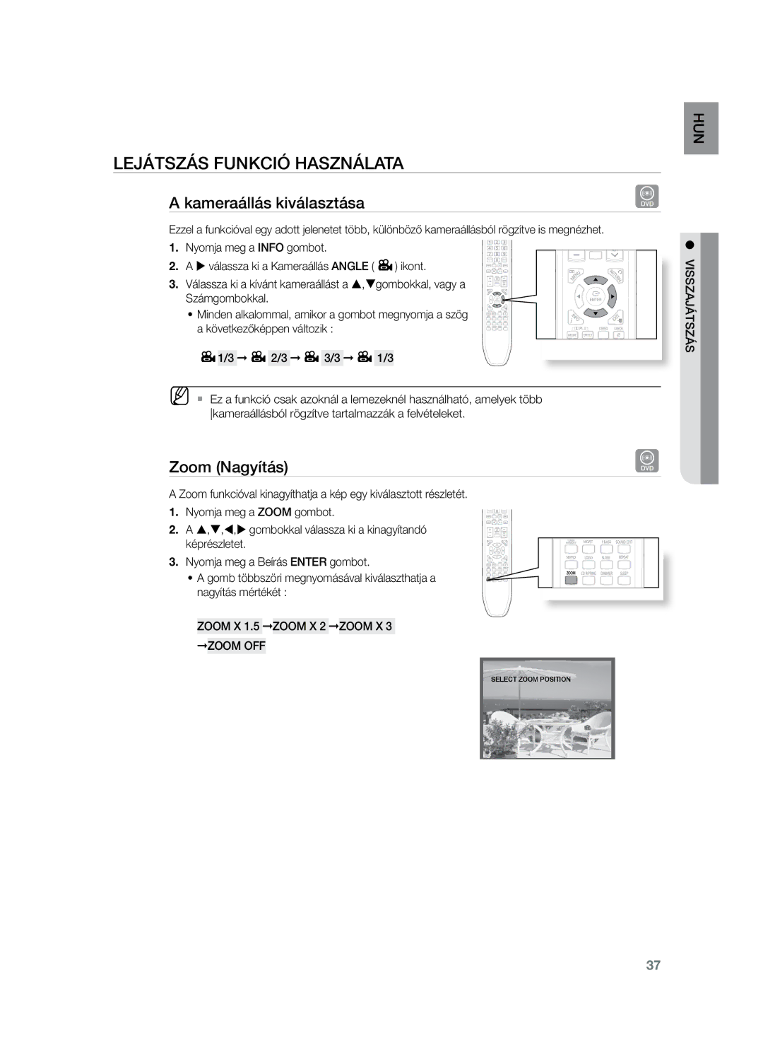 Samsung HT-Z220R/EDC, HT-TZ222R/EDC manual Kameraállás kiválasztása, Zoom Nagyítás, Zoom X 1.5 Zoom X 2 Zoom X 3 Zoom OFF 