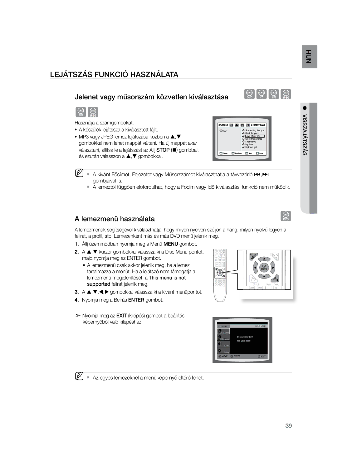 Samsung HT-Z220R/XET, HT-TZ222R/EDC, HT-Z220R/EDC, HT-TZ225R/EDC, HT-Z220R/XEE, HT-TZ222R/XET manual Lemezmenü használata 