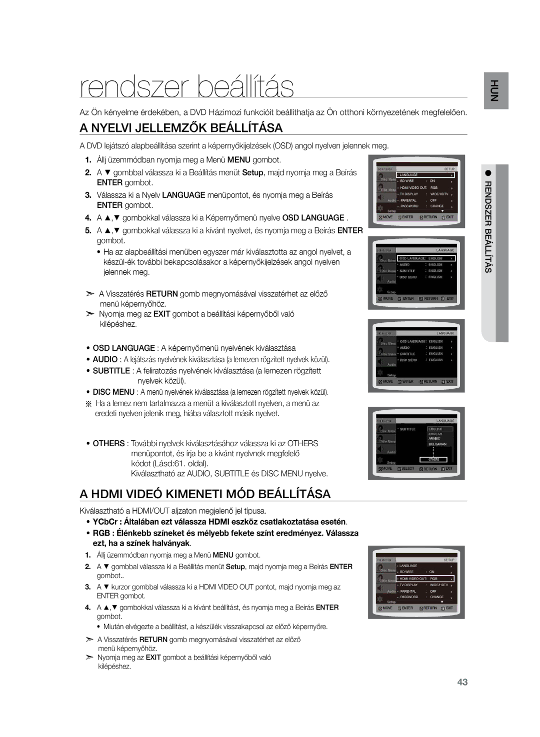 Samsung HT-Z220R/EDC, HT-TZ222R/EDC, HT-TZ225R/EDC, HT-Z220R/XET manual Rendszer beállítás, Nyelvi jellemzők beállítása 