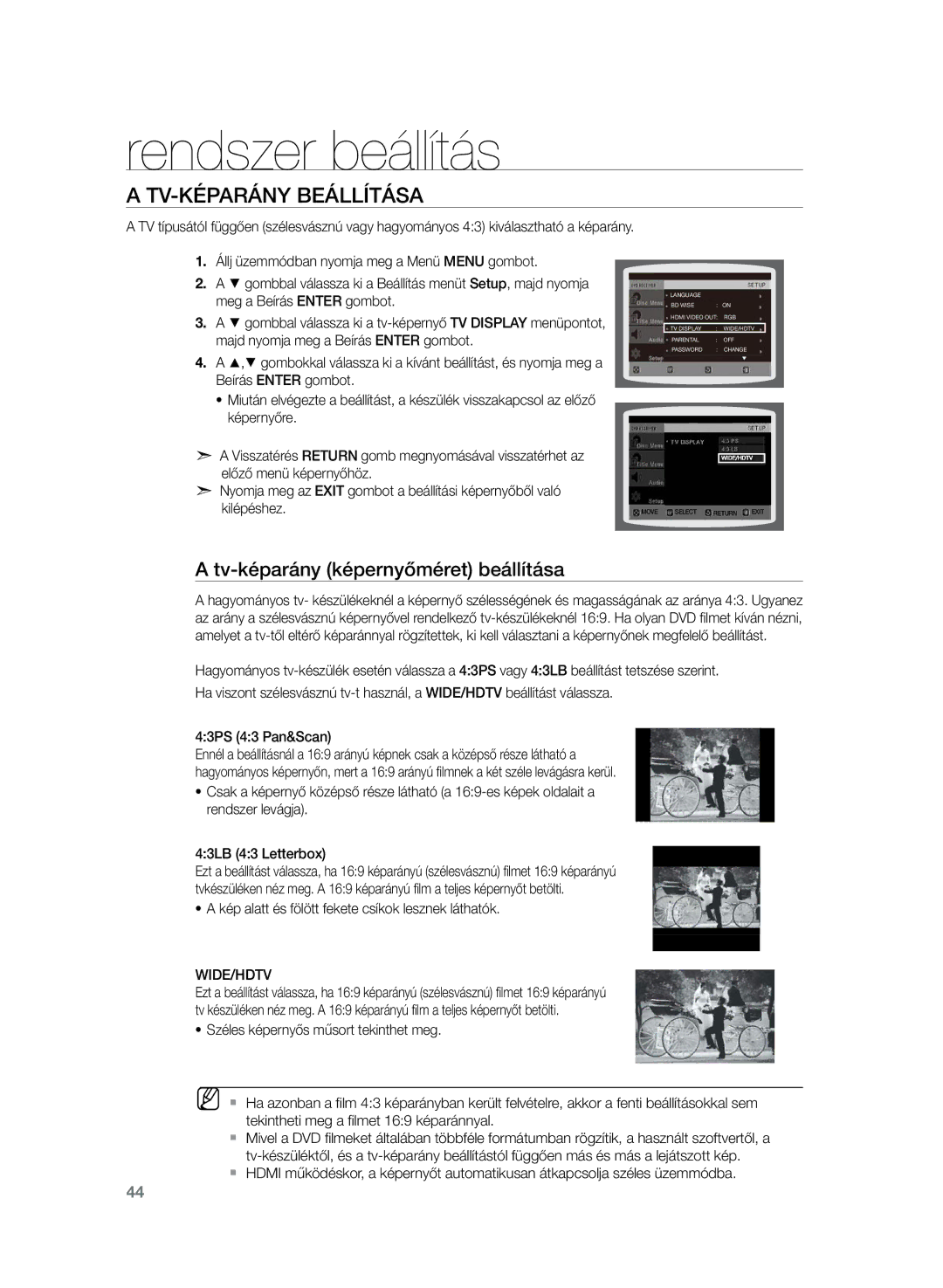 Samsung HT-TZ225R/EDC manual Tv-képarány beállítása, Tv-képarány képernyőméret beállítása, 43PS 43 Pan&Scan, Wide/Hdtv 