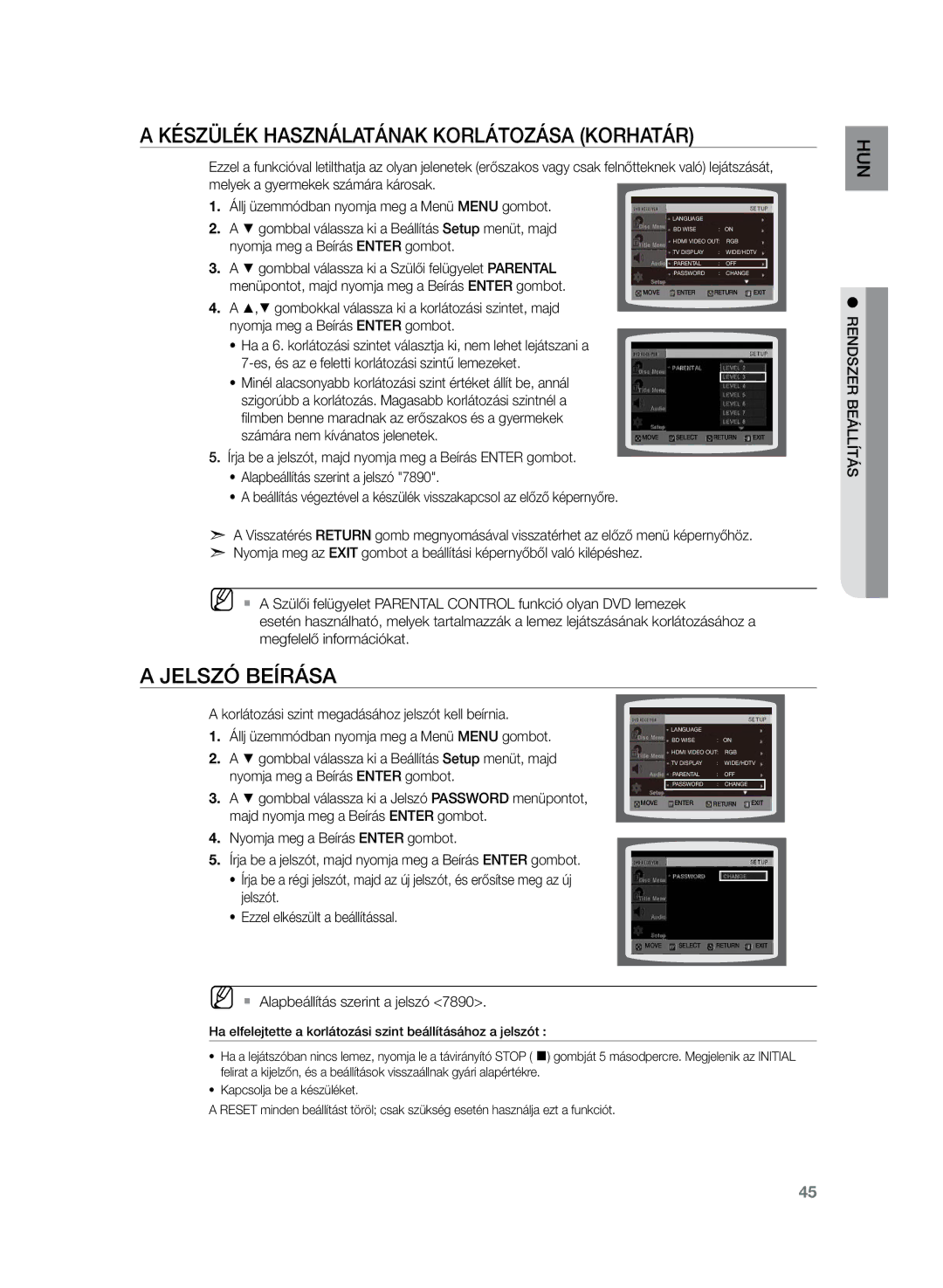 Samsung HT-Z220R/XET, HT-TZ222R/EDC manual Készülék használatának korlátozása Korhatár, Jelszó beírása, HUN sá ít llá 