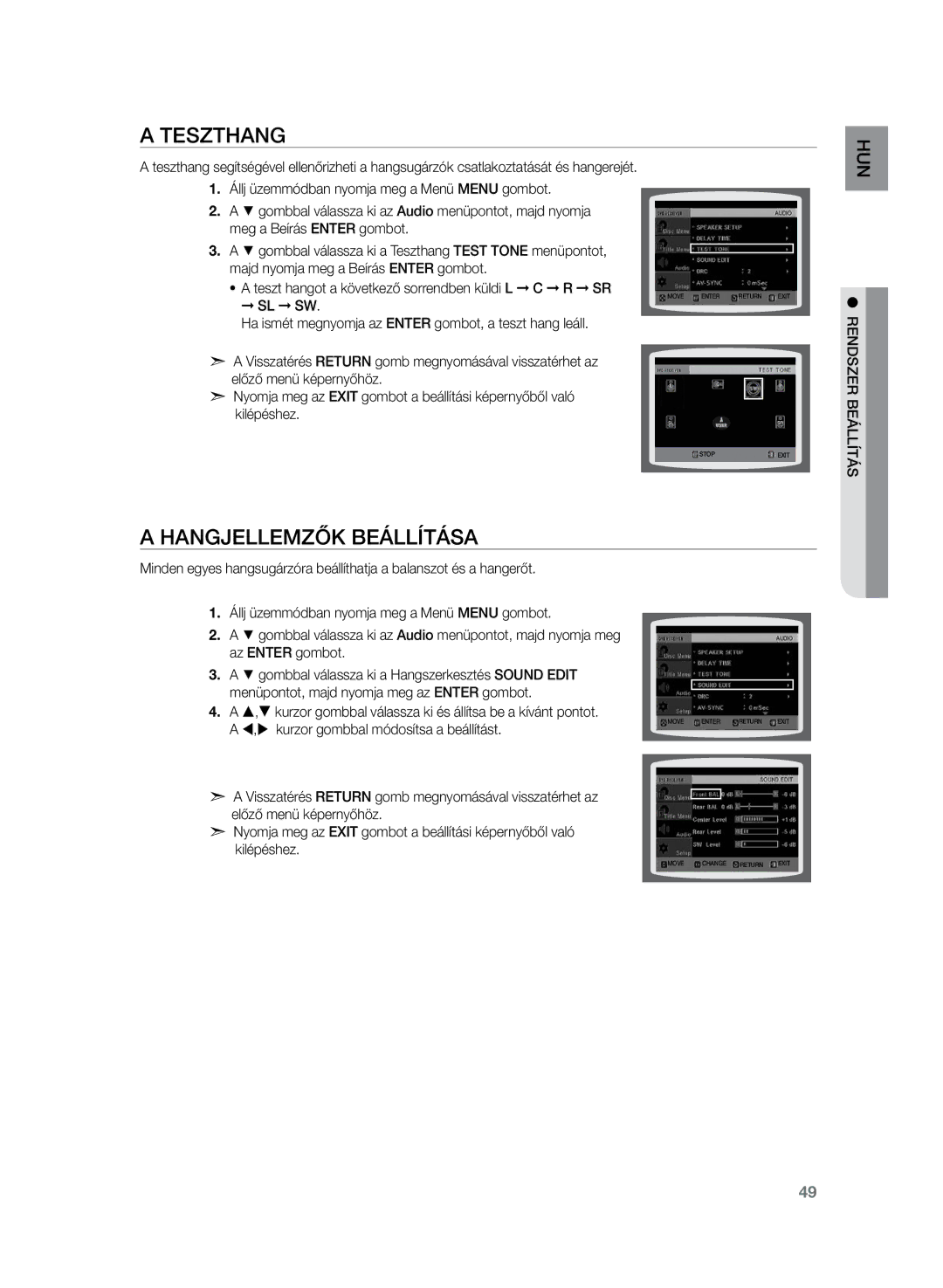 Samsung HT-Z220R/EDC, HT-TZ222R/EDC, HT-TZ225R/EDC, HT-Z220R/XET, HT-Z220R/XEE Teszthang, Hangjellemzők beállítása, Sl Sw 