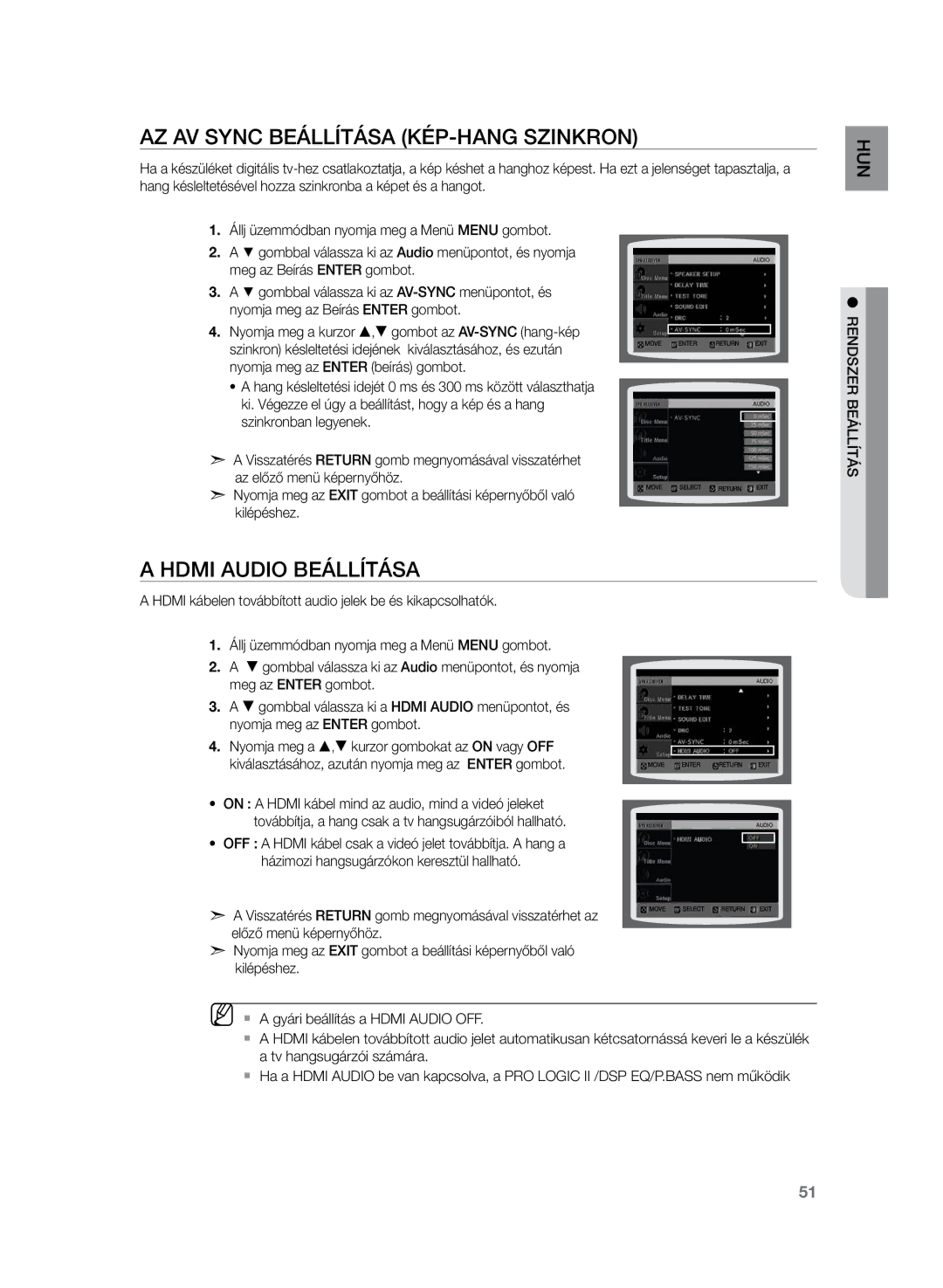 Samsung HT-Z220R/XET, HT-TZ222R/EDC, HT-Z220R/EDC Az AV Sync beállítása Kép-hang szinkron, Hdmi Audio beállítása, Zer rends 