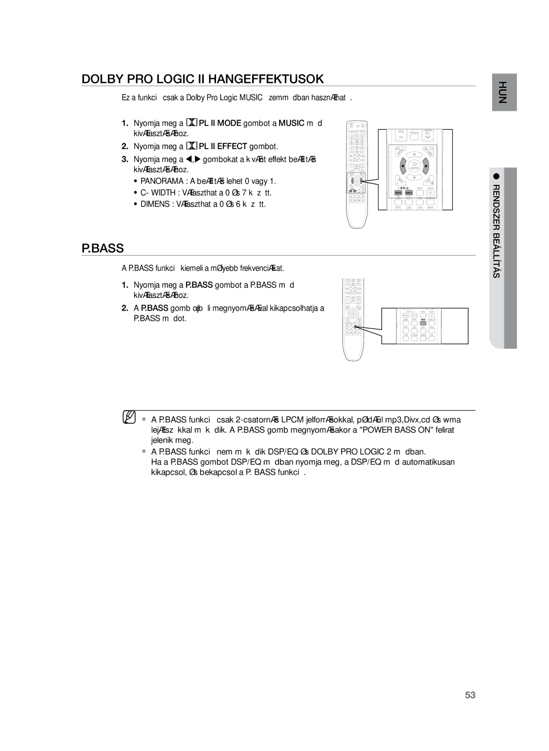 Samsung HT-TZ222R/XET, HT-TZ222R/EDC, HT-Z220R/EDC, HT-TZ225R/EDC, HT-Z220R/XET manual Dolby Pro Logic II hangeffektusok, Bass 