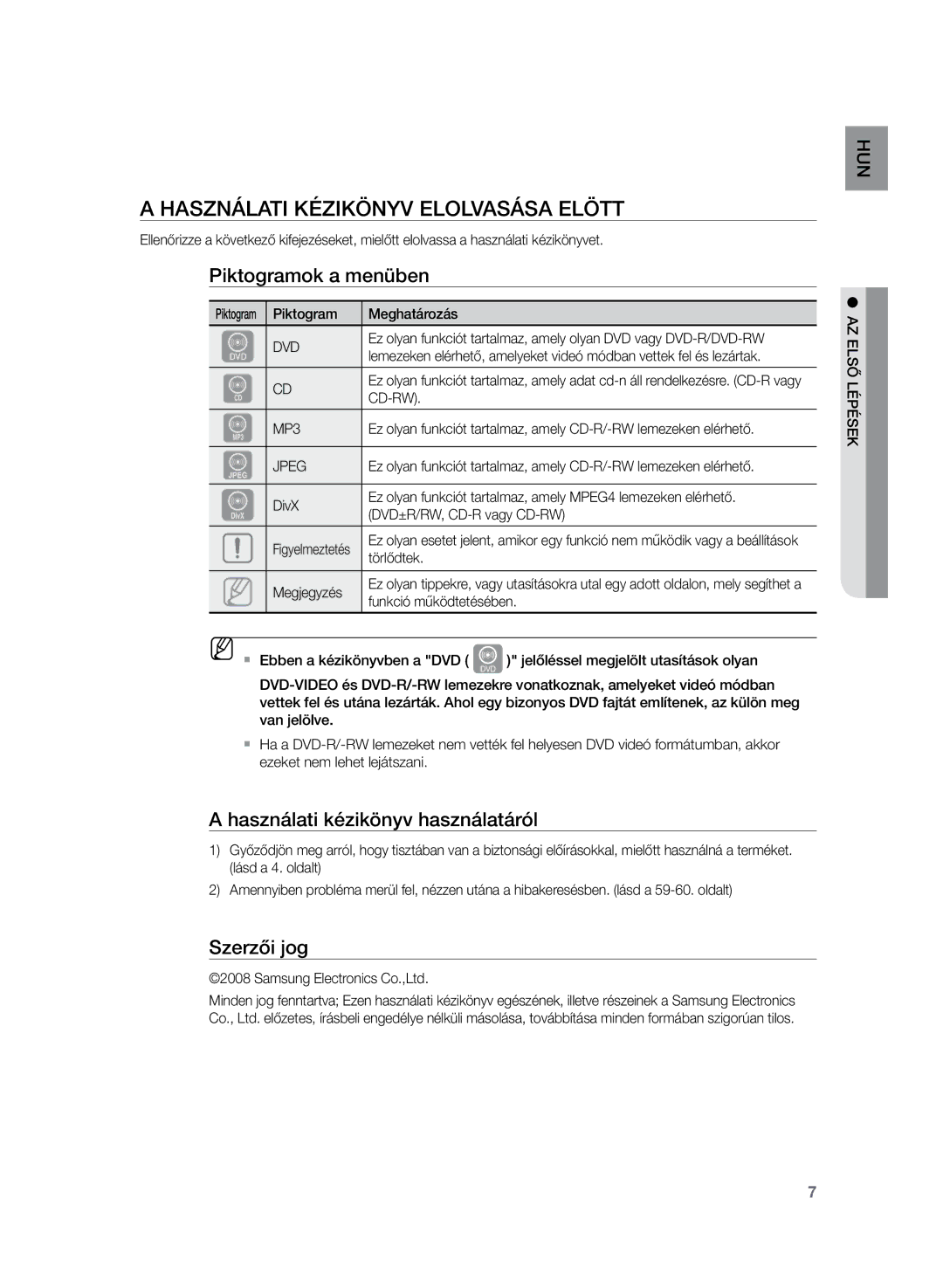 Samsung HT-Z220R/EDC Használati kézikönyv elolvasása elött, Piktogramok a menüben, Használati kézikönyv használatáról 