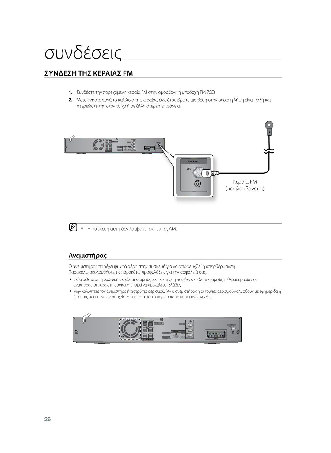 Samsung HT-TZ222R/EDC, HT-Z220R/EDC manual Συνδεση ΤΗΣ Κεραιασ FΜ, Ανεμιστήρας, MM`` Η συσκευή αυτή δεν λαμβάνει εκπομπές ΑΜ 