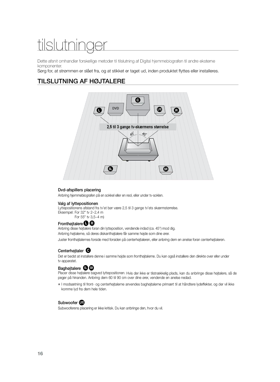 Samsung HT-Z220R/XEE, HT-TZ222R/XEE, HT-TZ225R/XEE manual Tilslutninger, Tilslutning af HøjtalerE 