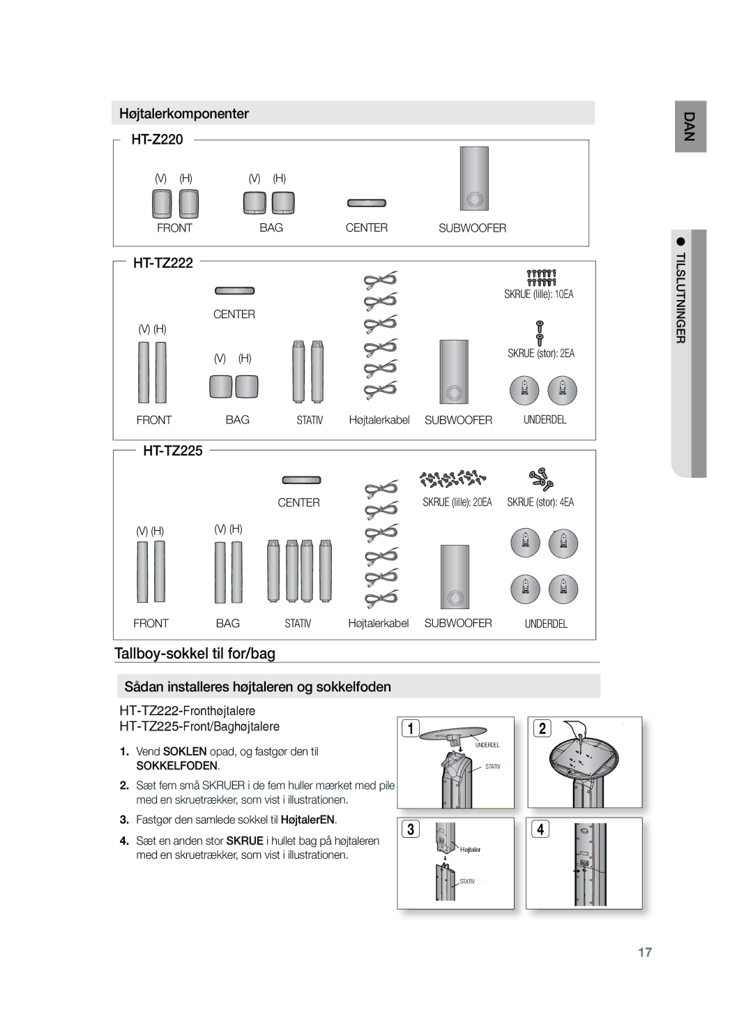 Samsung HT-TZ225R/XEE, HT-TZ222R/XEE, HT-Z220R/XEE manual Tallboy-sokkel til for/bag, Højtalerkomponenter HT-Z220 