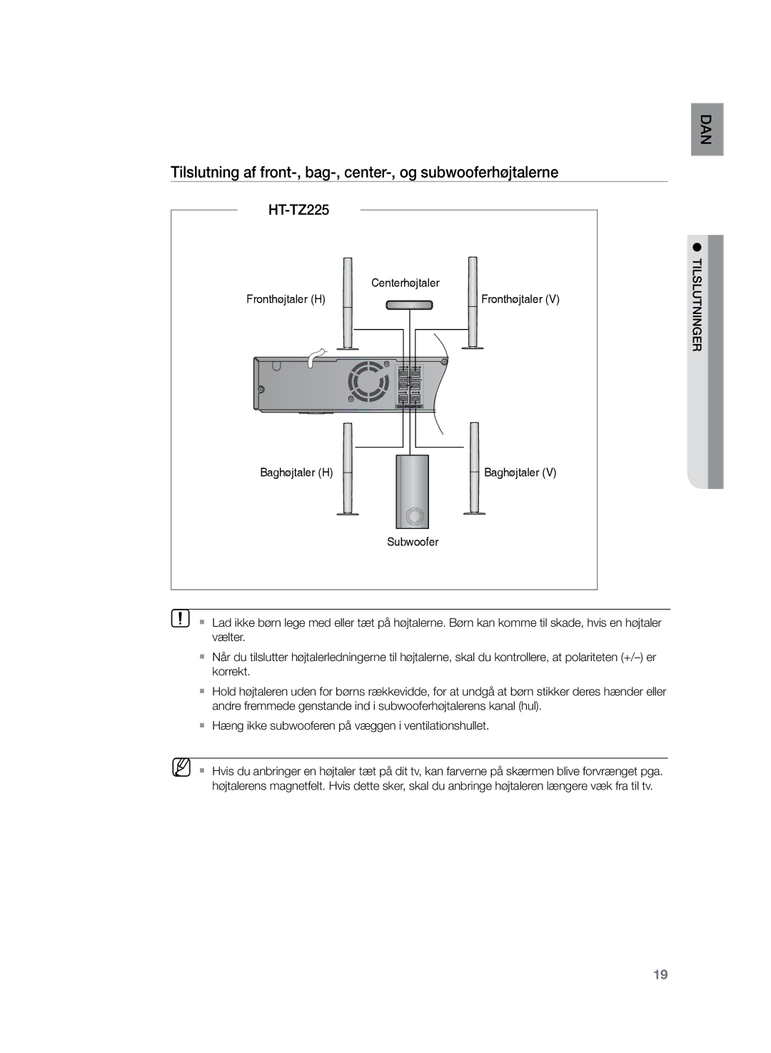 Samsung HT-Z220R/XEE, HT-TZ222R/XEE, HT-TZ225R/XEE manual Tilslutning af front-, bag-, center-, og subwooferhøjtalerne 