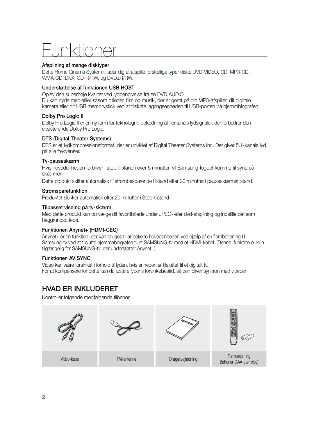 Samsung HT-TZ225R/XEE, HT-TZ222R/XEE Funktioner, Afspilning af mange disktyper, Kontrollér følgende medfølgende tilbehør 