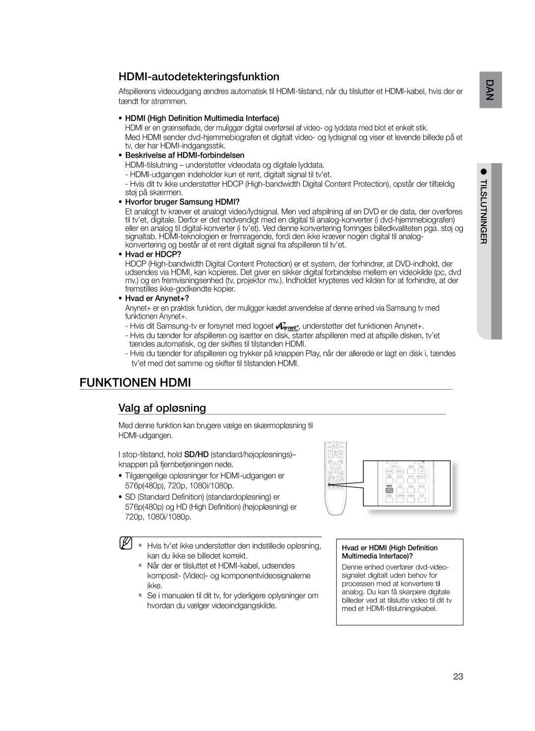 Samsung HT-TZ225R/XEE, HT-TZ222R/XEE manual Funktionen Hdmi, HDMI-autodetekteringsfunktion, Valg af opløsning, Hvad er HDCP? 