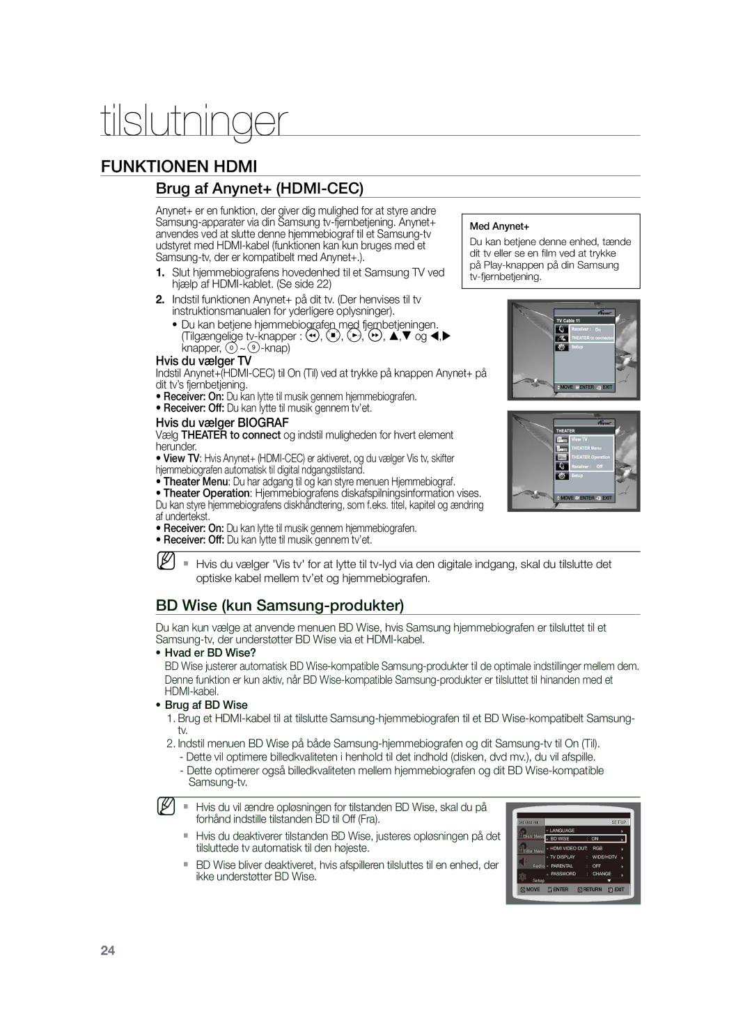 Samsung HT-TZ222R/XEE, HT-Z220R/XEE, HT-TZ225R/XEE manual Brug af Anynet+ HDMI-CEC, Hvis du vælger TV, Hvis du vælger Biograf 