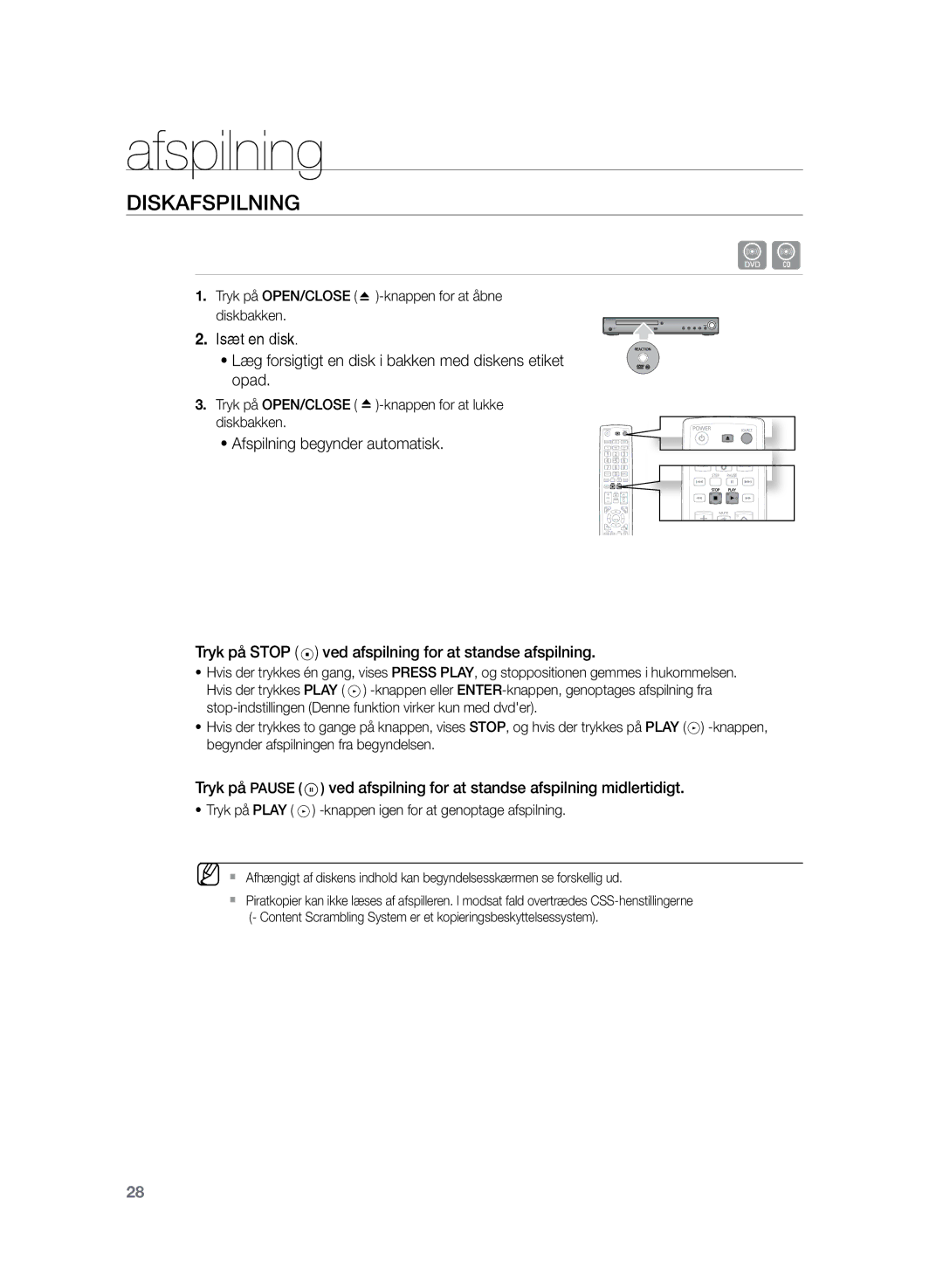 Samsung HT-Z220R/XEE, HT-TZ222R/XEE manual Afspilning, Diskafspilning, Tryk på OPEN/CLOSE -knappen for at åbne diskbakken 