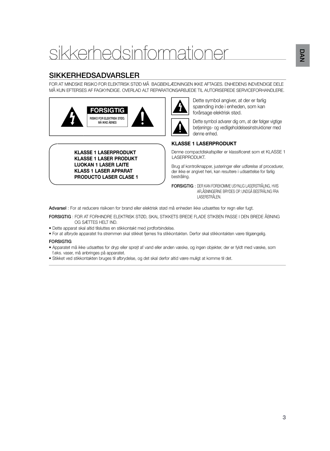 Samsung HT-TZ222R/XEE, HT-Z220R/XEE, HT-TZ225R/XEE manual Sikkerhedsinformationer, Sikkerhedsadvarsler, Dan 