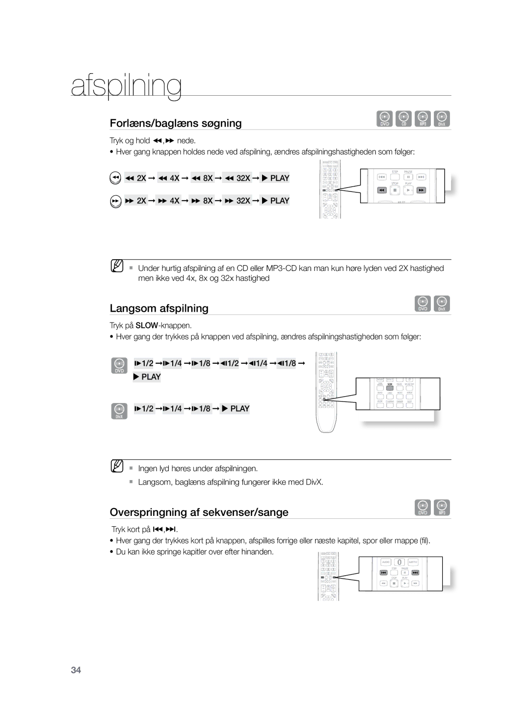 Samsung HT-Z220R/XEE, HT-TZ222R/XEE, HT-TZ225R/XEE manual Langsom afspilning, Overspringning af sekvenser/sange 