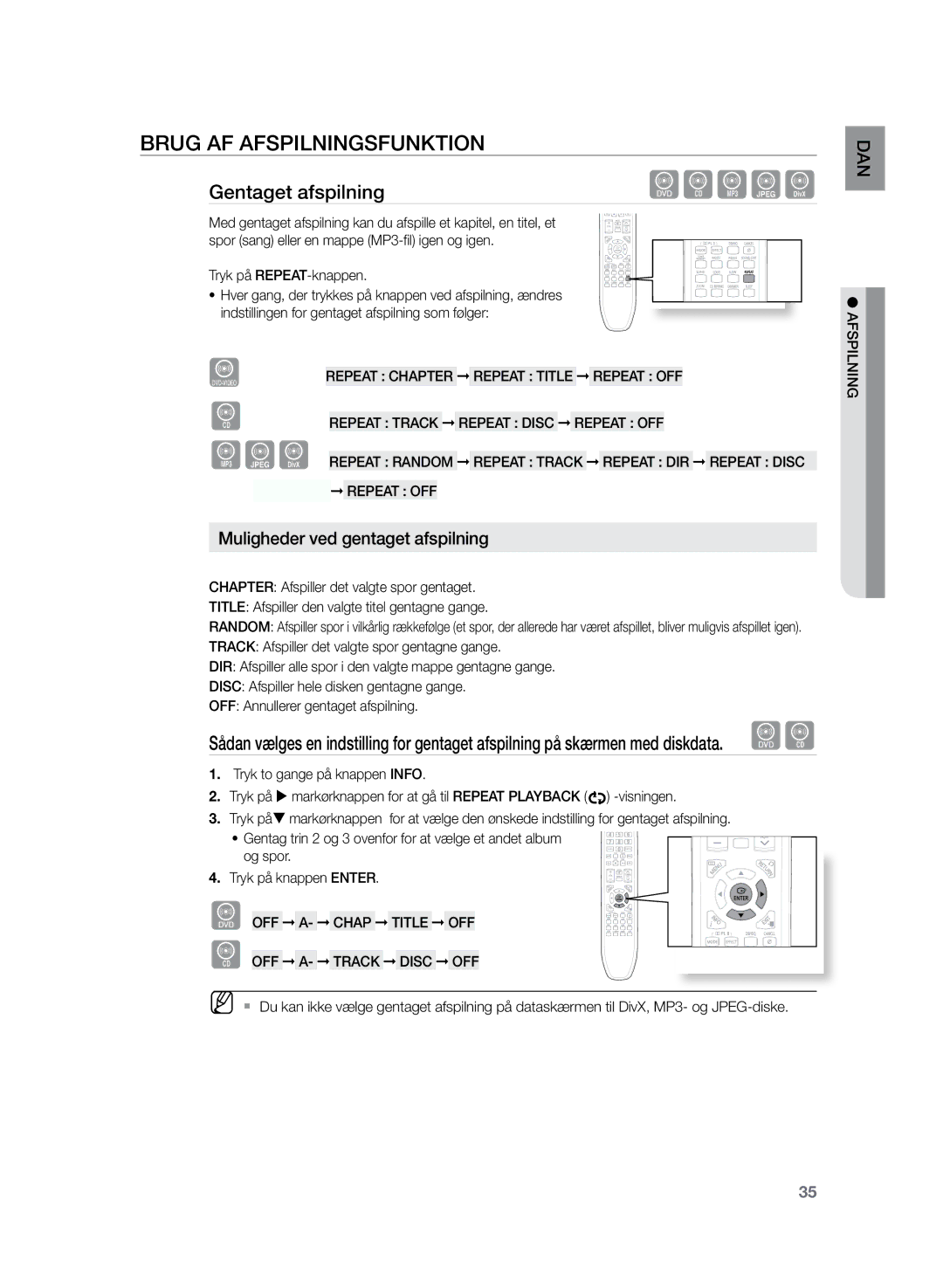 Samsung HT-TZ225R/XEE, HT-TZ222R/XEE manual Gentaget afspilning, Muligheder ved gentaget afspilning, Tryk på REPEAT-knappen 