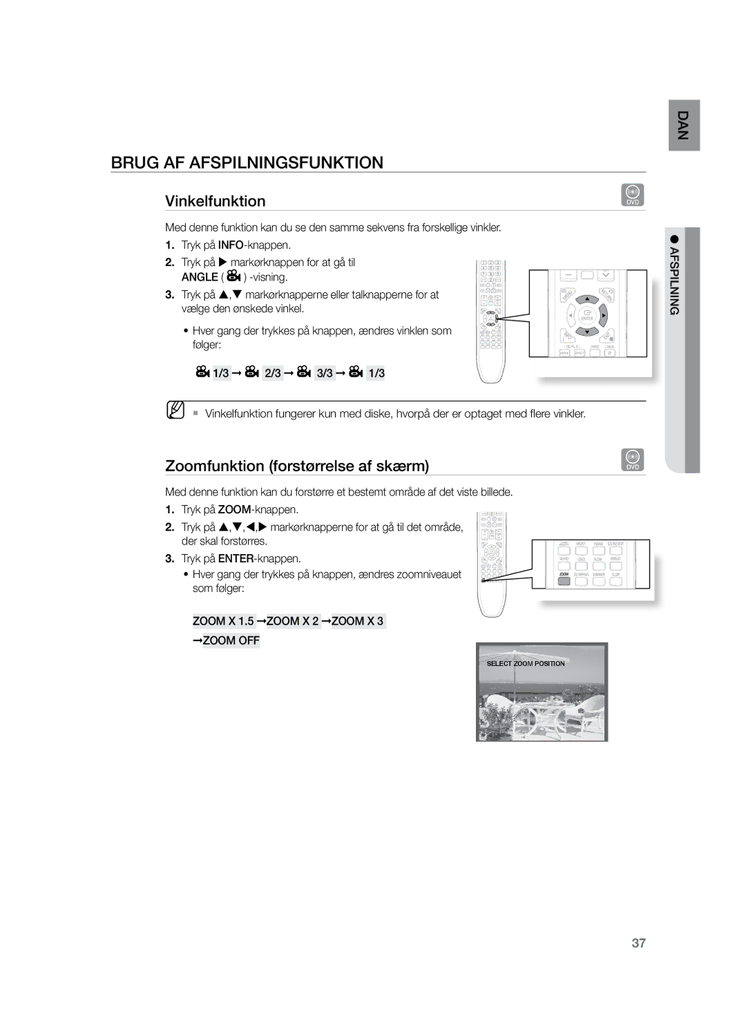 Samsung HT-Z220R/XEE manual Vinkelfunktion, Zoomfunktion forstørrelse af skærm, Zoom X 1.5 Zoom X 2 Zoom X 3 Zoom OFF 