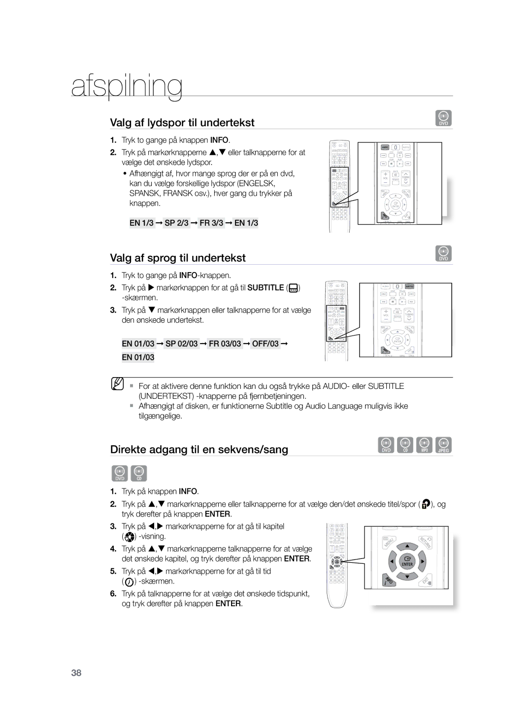 Samsung HT-TZ225R/XEE Valg af lydspor til undertekst, Valg af sprog til undertekst, Direkte adgang til en sekvens/sang 