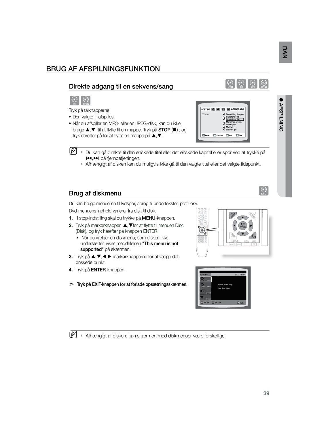 Samsung HT-TZ222R/XEE, HT-Z220R/XEE, HT-TZ225R/XEE manual Brug af diskmenu 