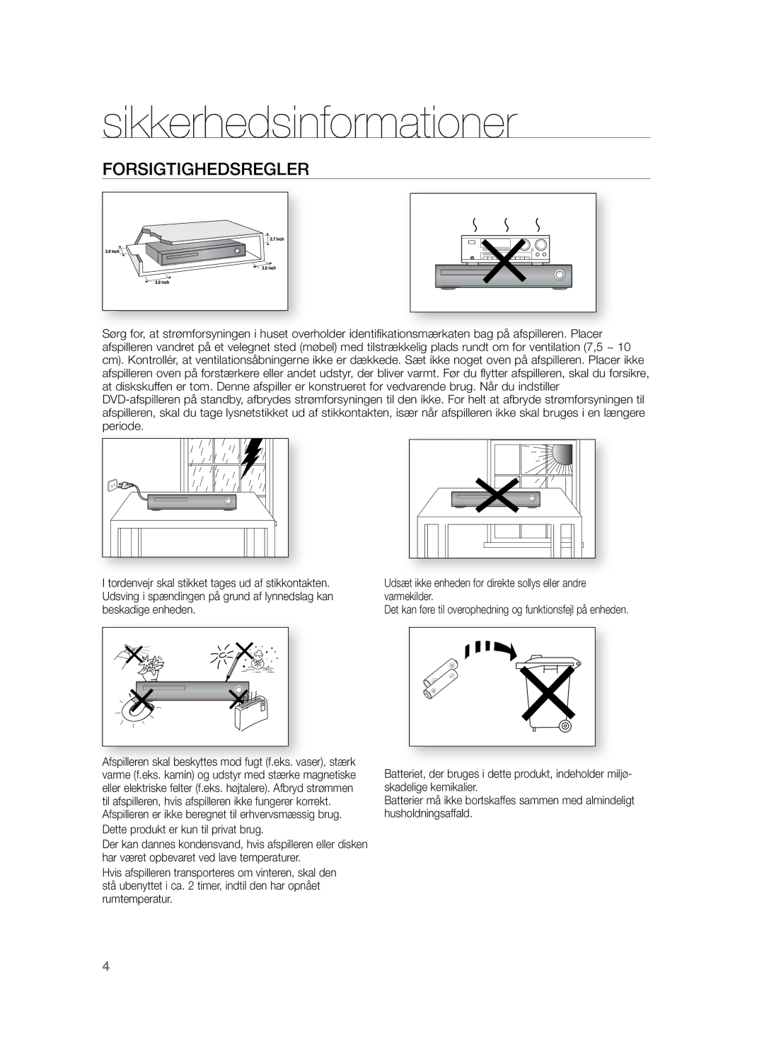 Samsung HT-Z220R/XEE, HT-TZ222R/XEE, HT-TZ225R/XEE manual Forsigtighedsregler 