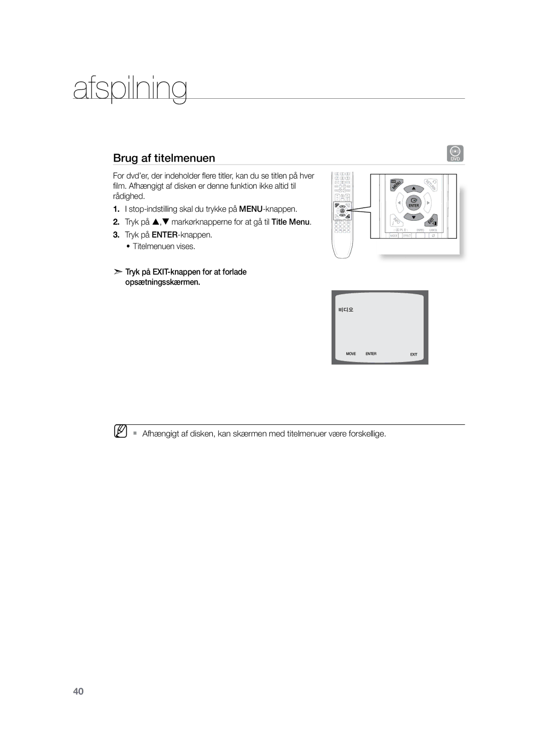 Samsung HT-Z220R/XEE, HT-TZ222R/XEE, HT-TZ225R/XEE manual Brug af titelmenuen 