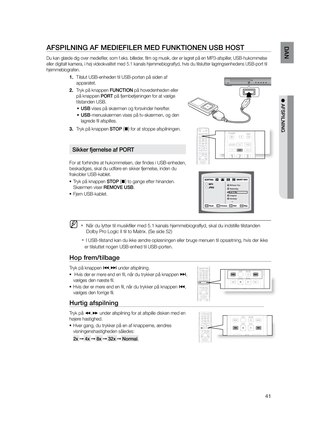 Samsung HT-TZ225R/XEE, HT-TZ222R/XEE Afspilning af mediefiler med funktionen USB Host, Hop frem/tilbage, Hurtig afspilning 