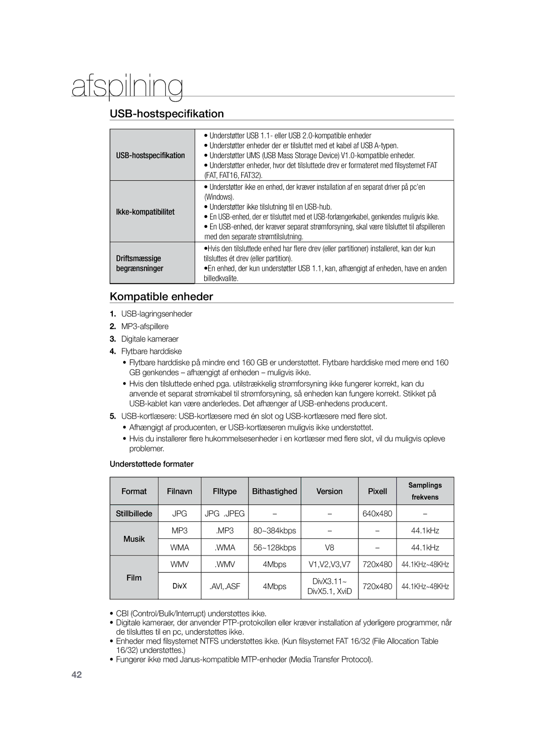 Samsung HT-TZ222R/XEE manual USB-hostspecifikation, Kompatible enheder, Med den separate strømtilslutning, Billedkvalite 