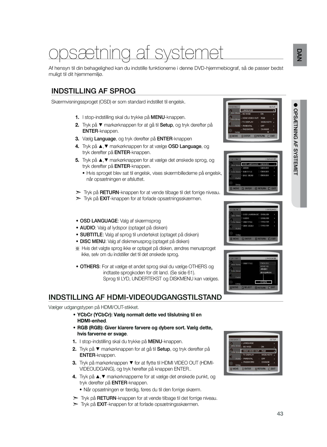 Samsung HT-Z220R/XEE, HT-TZ222R/XEE, HT-TZ225R/XEE manual Opsætning af systemet, Indstilling af sprog, ENTER-knappen 